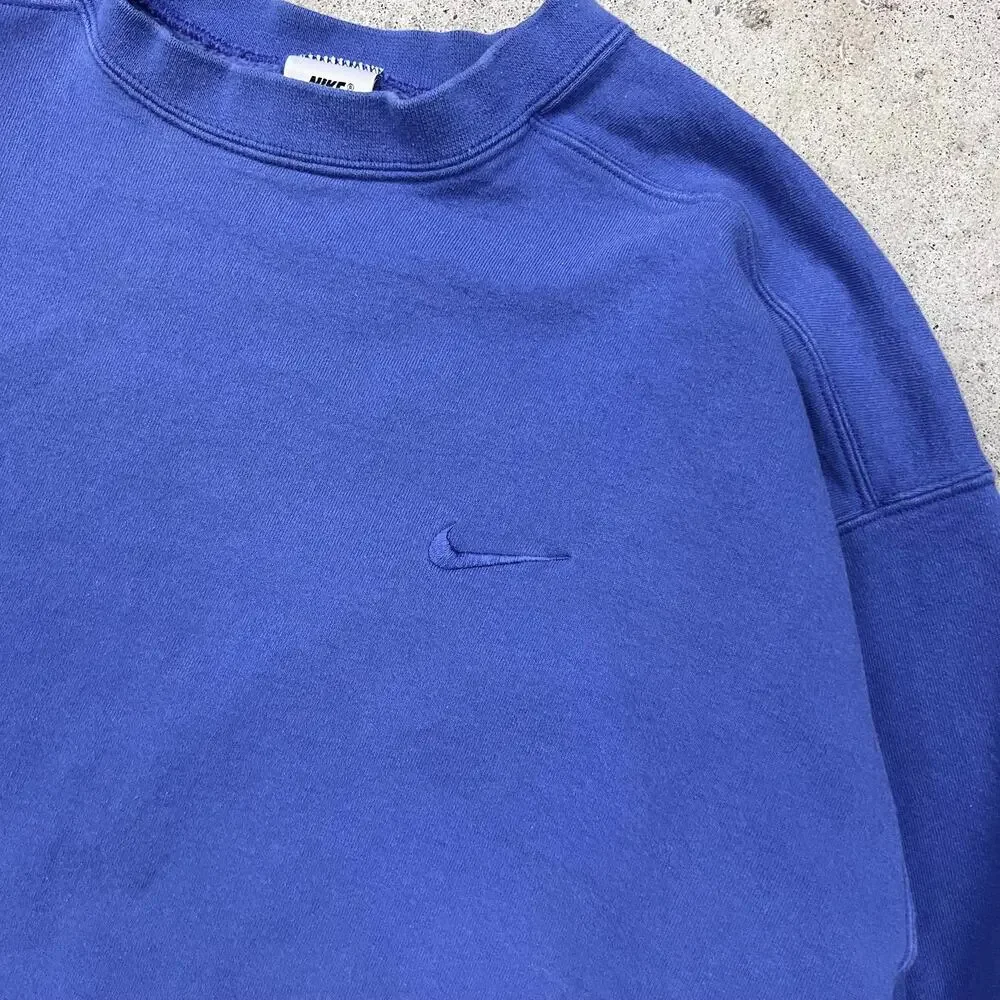 Vintage 90s Nike Tonal Royal Blue Mini Swoosh Crewneck Sweatshirt Boxy XL Fall
